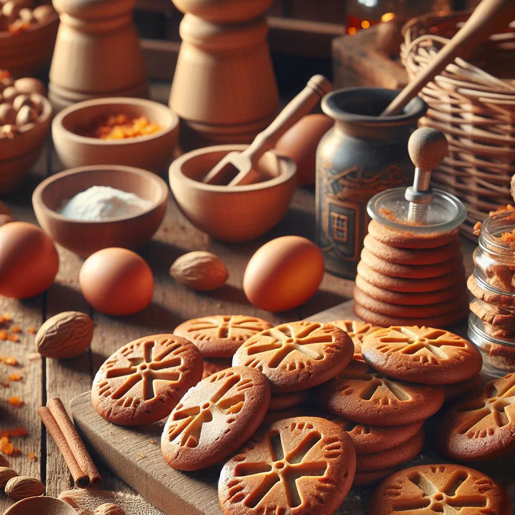 Stack of patterned Dutch speculaas spiced biscuits
