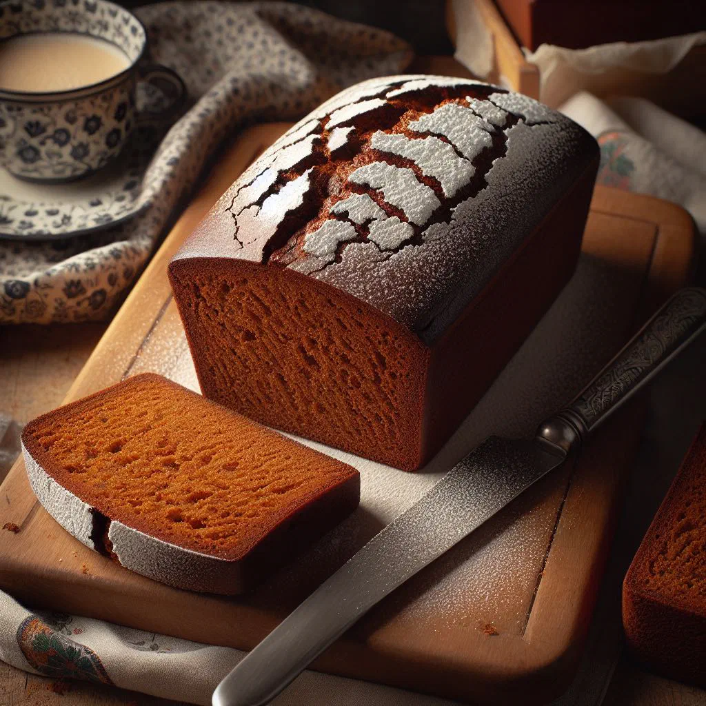 Sliced Dutch spiced cake on a wooden board