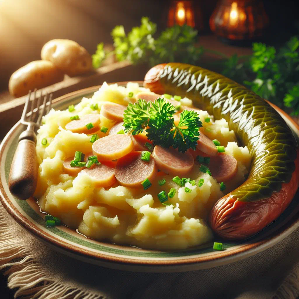 Creamy mashed potato with endive served with a smoked sausage