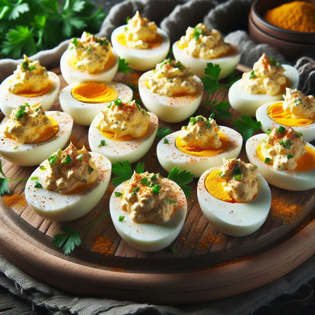 Halved stuffed eggs with a creamy filling garnished with fresh herbs
