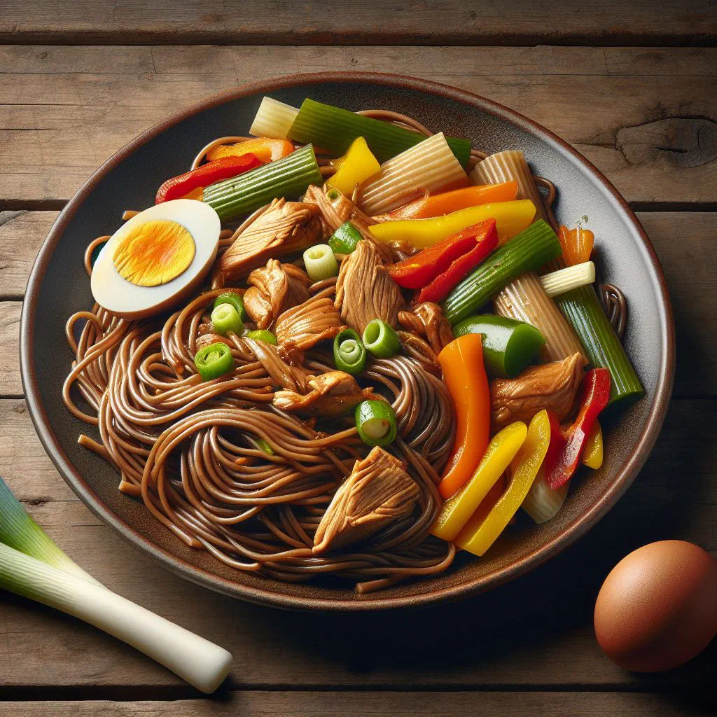Surinaamse bami noodles with vegetables and chicken garnished with fresh coriander