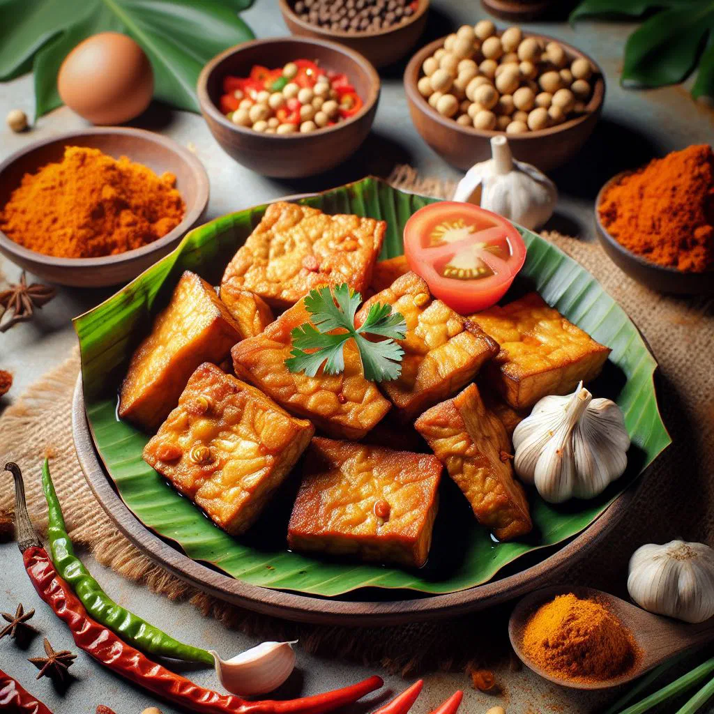 Crispy fried tempeh goreng pieces glazed in soy sauce on a plate