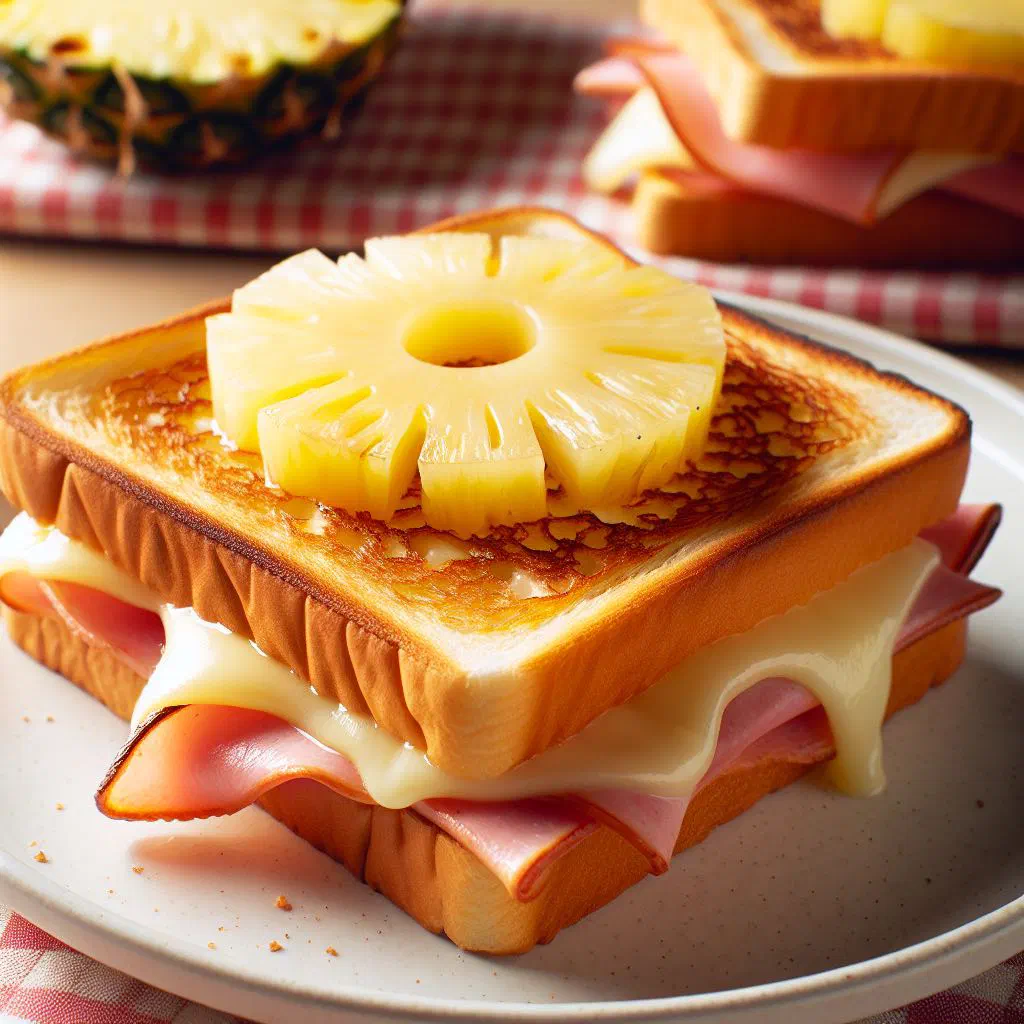 Golden toasted sandwich filled with ham, pineapple and melted cheese