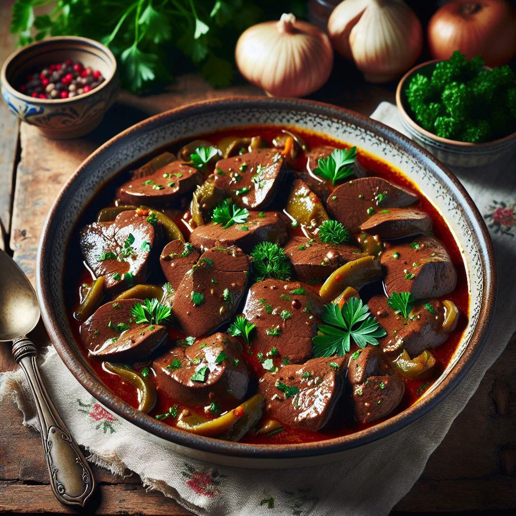 Braised veal liver stew with onions and carrot in a rustic bowl