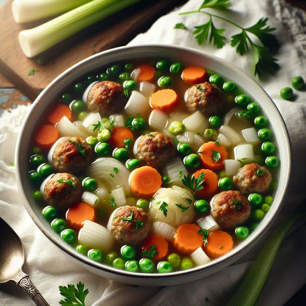 Bowl of Dutch vegetable soup with small meatballs and fresh herbs