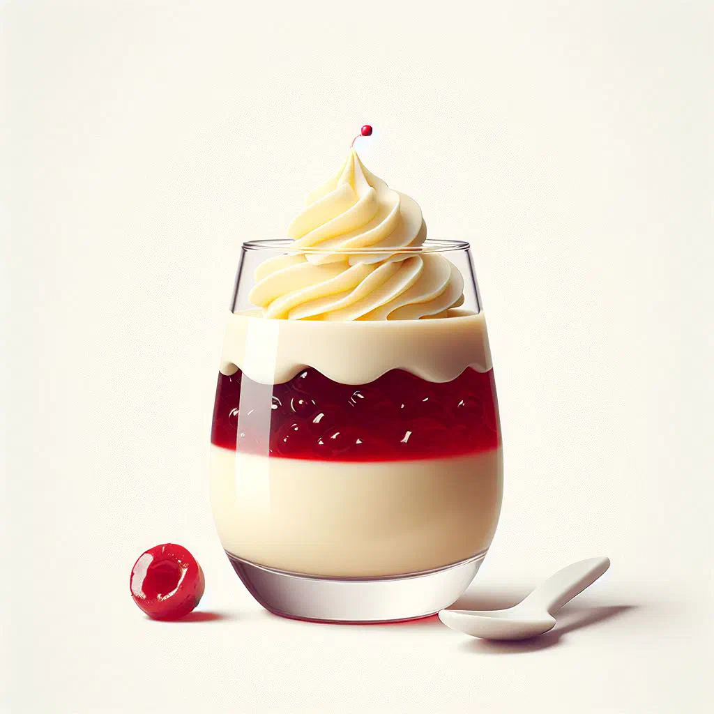 Layered vla flip dessert with fresh fruit and crunchy topping in a glass