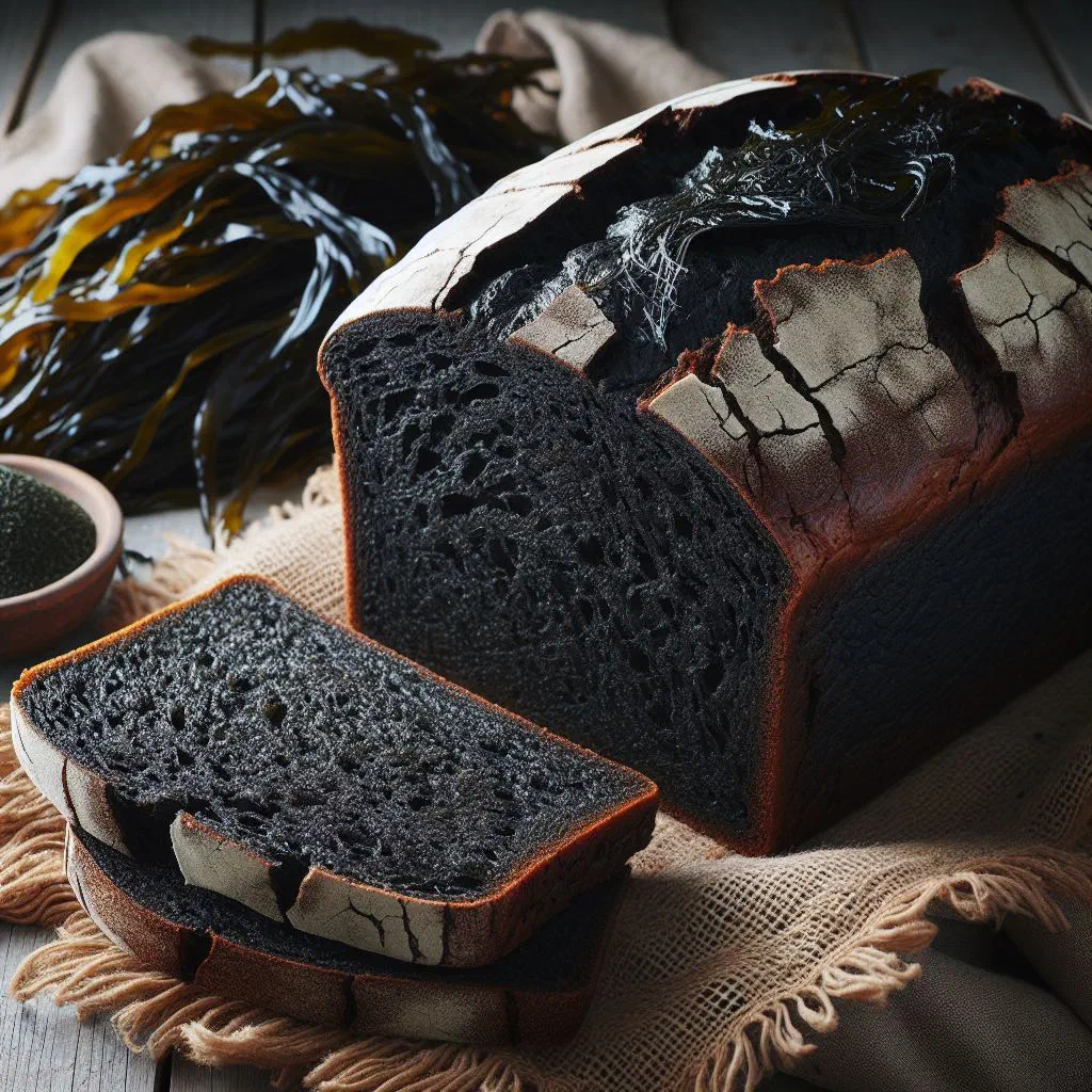 Rustic Waddenbrood loaf with seafood and fresh herbs on a wooden board