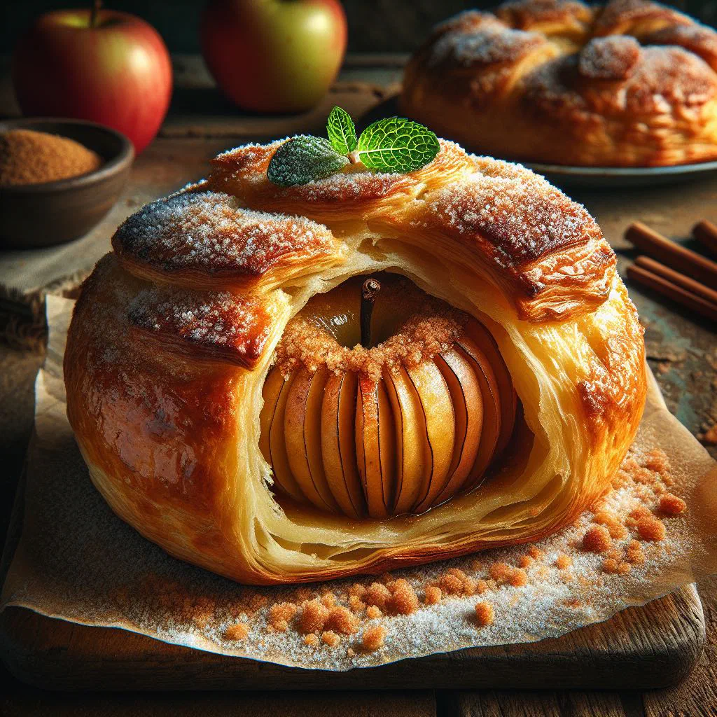 Warm apple dumpling baked in golden pastry with a scoop of vanilla ice cream