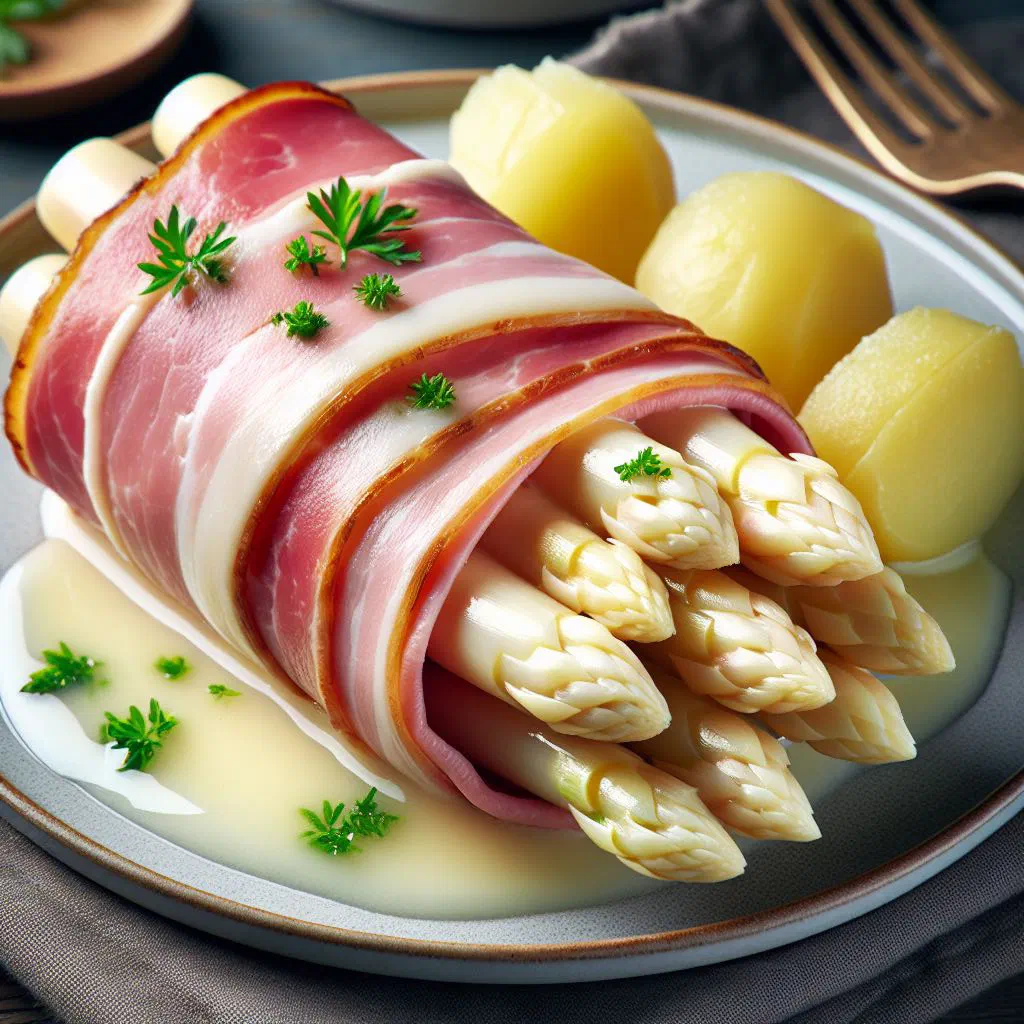White asparagus topped with ham and drizzled with butter sauce