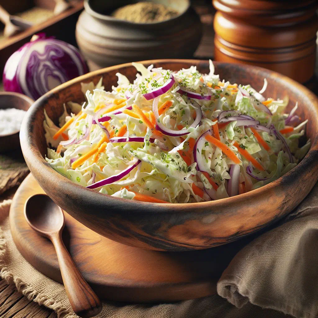 Bowl of fresh white cabbage salad with grated carrot and a light vinaigrette