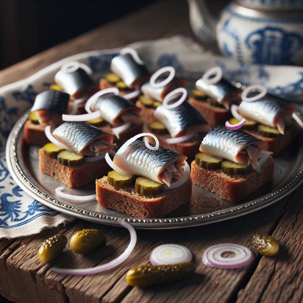 Salted herring bites with diced apple, onion and cream cheese on crispbread