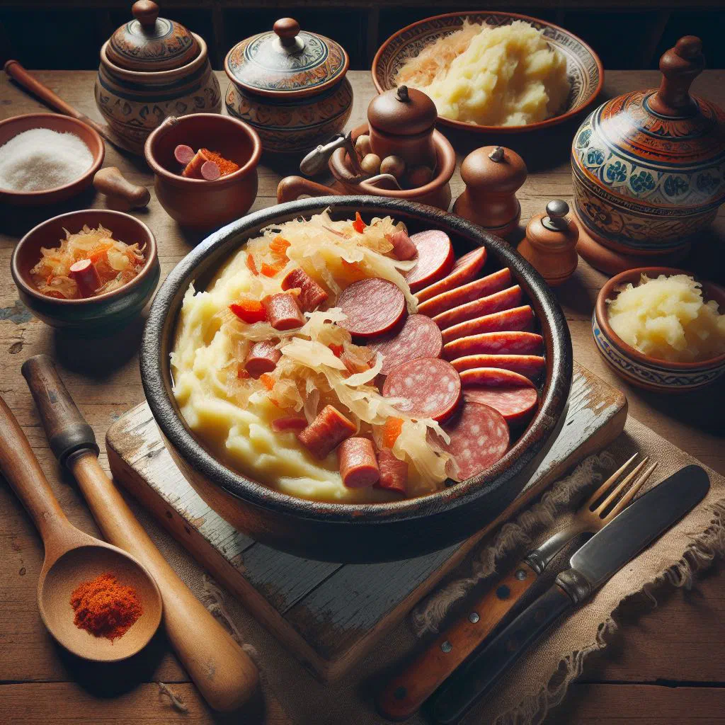 Creamy Dutch zuurkoolstamppot with sauerkraut, mashed potato and crispy bacon