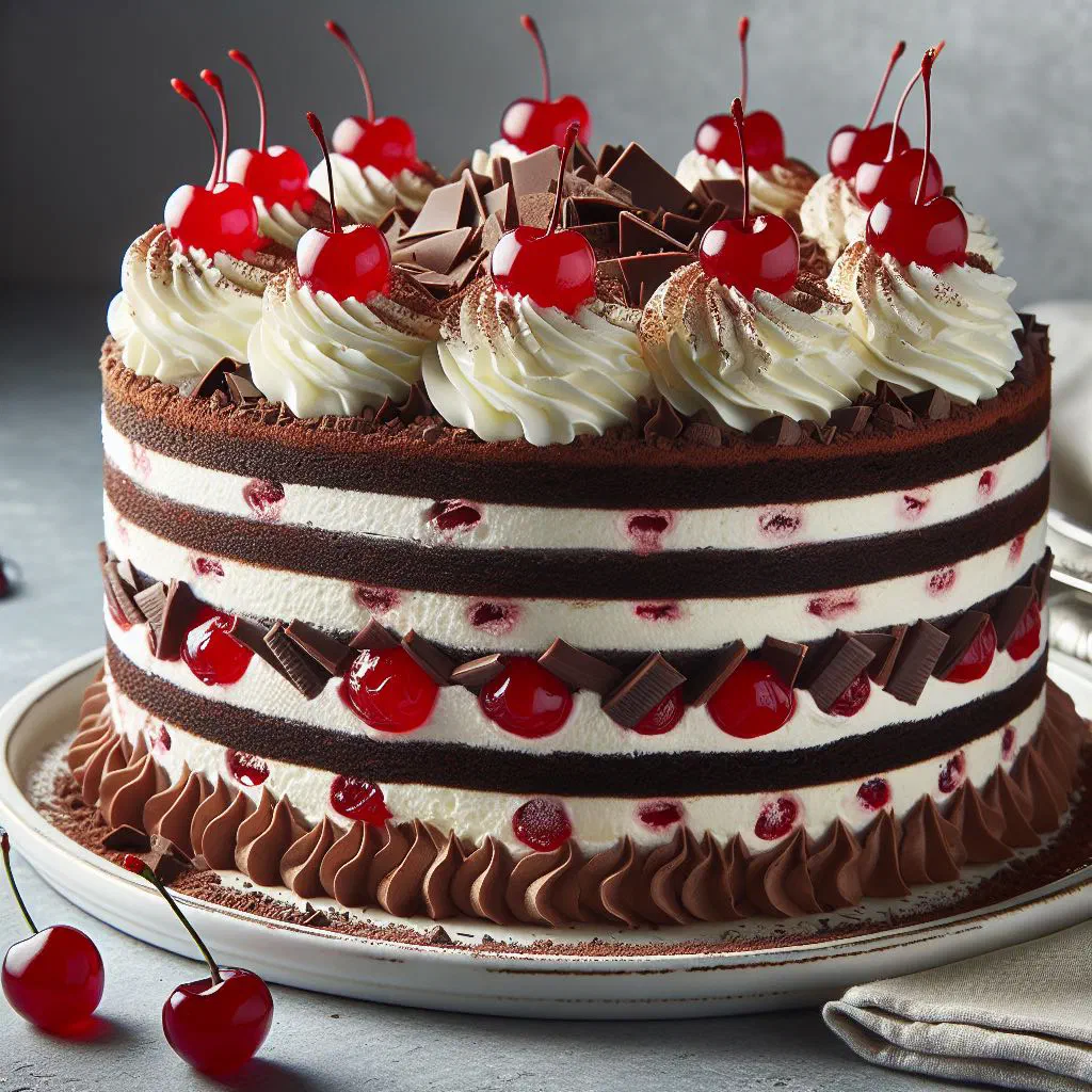 Layered chocolate Zwartwoud cake topped with whipped cream and fresh cherries