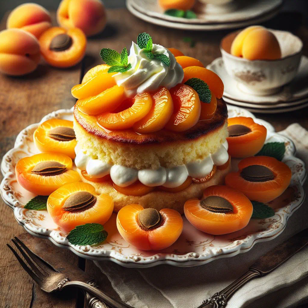 Golden apricot shortcake with juicy apricot filling and whipped cream