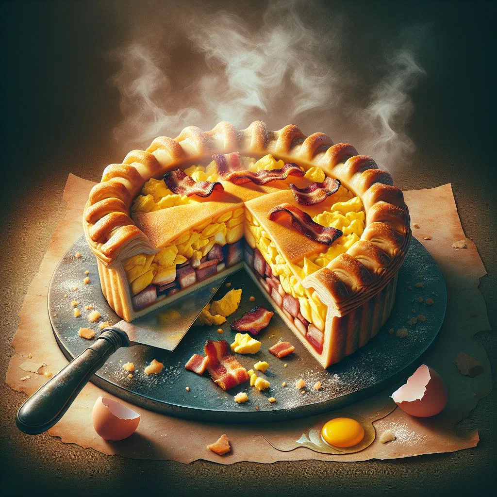 Golden bacon and egg pie in a dish with a slice cut out