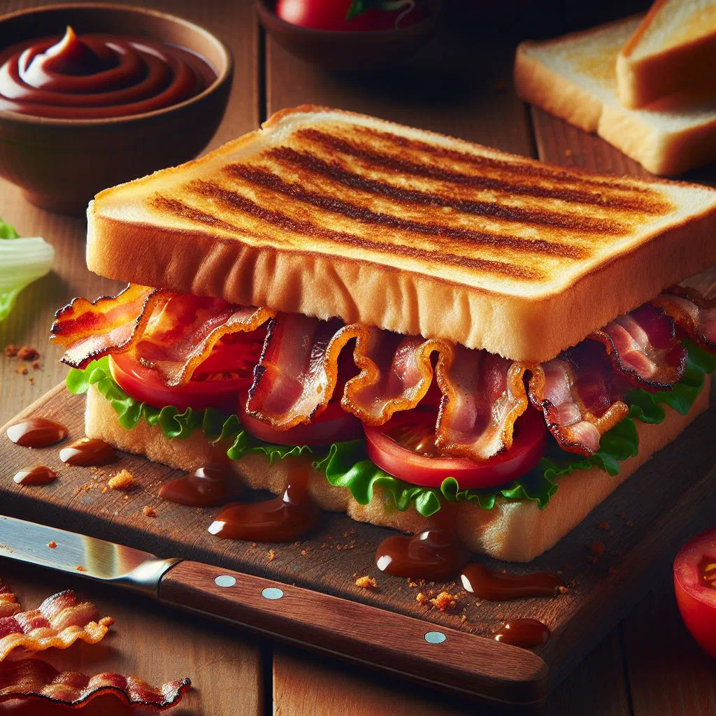 Bacon butty with crispy bacon, tomato and rocket in toasted bread