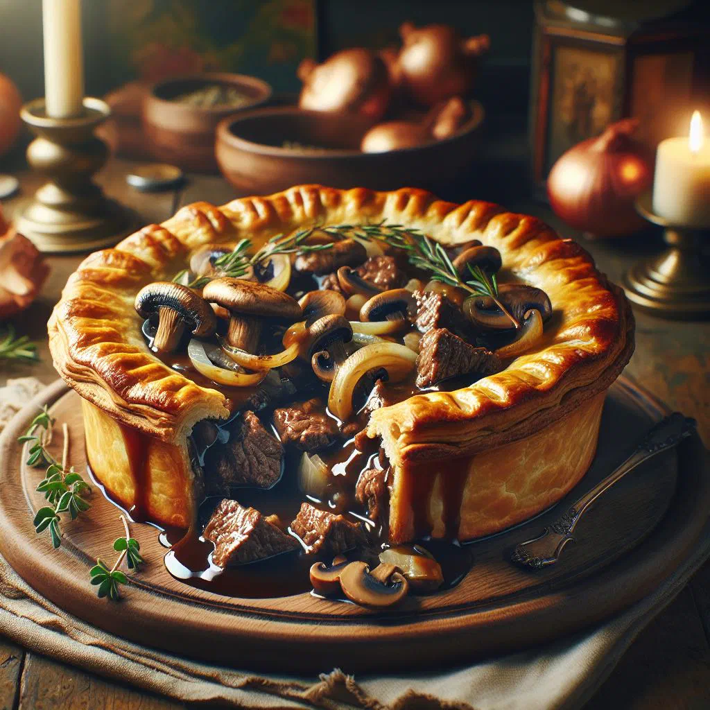 Golden beef and mushroom pie with a flaky puff pastry crust