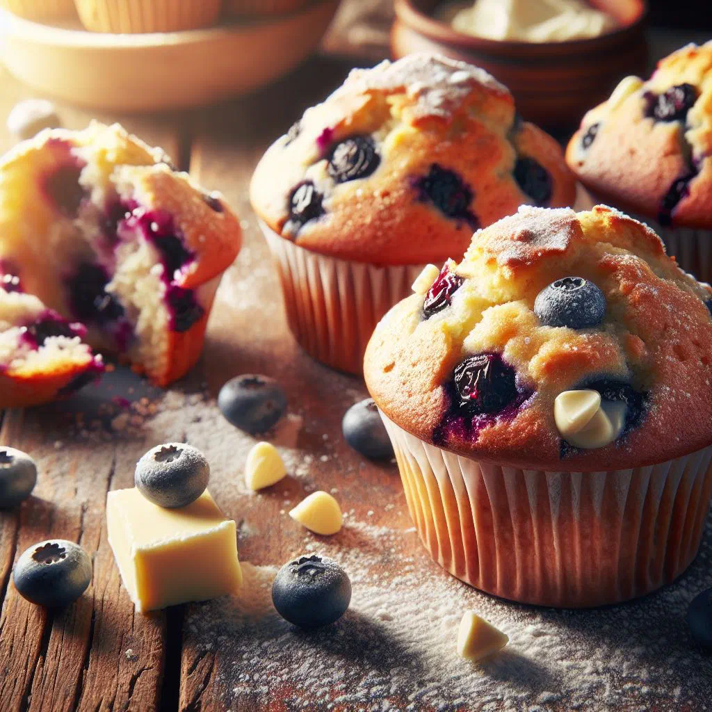 Freshly baked blueberry and white chocolate muffins in paper cases
