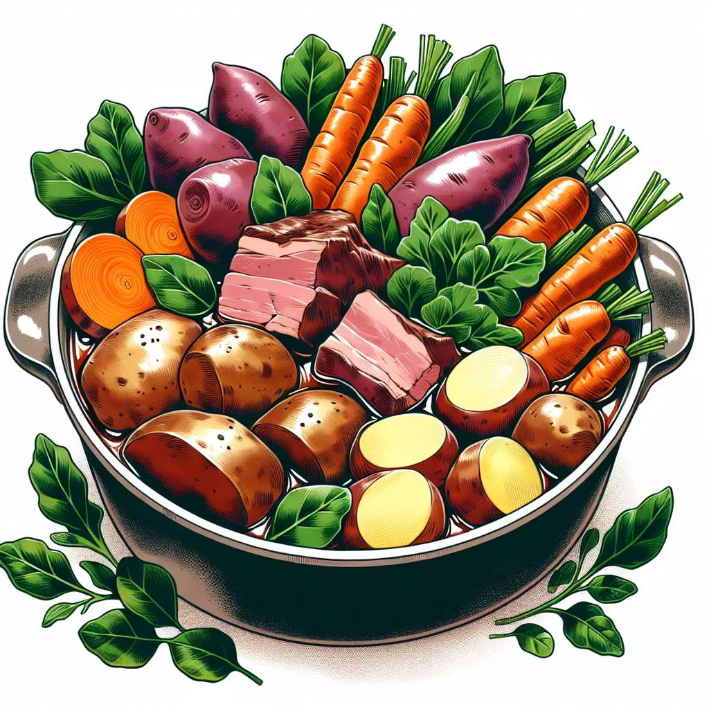 Bowl of New Zealand boil-up with pork, root vegetables and dumplings in broth