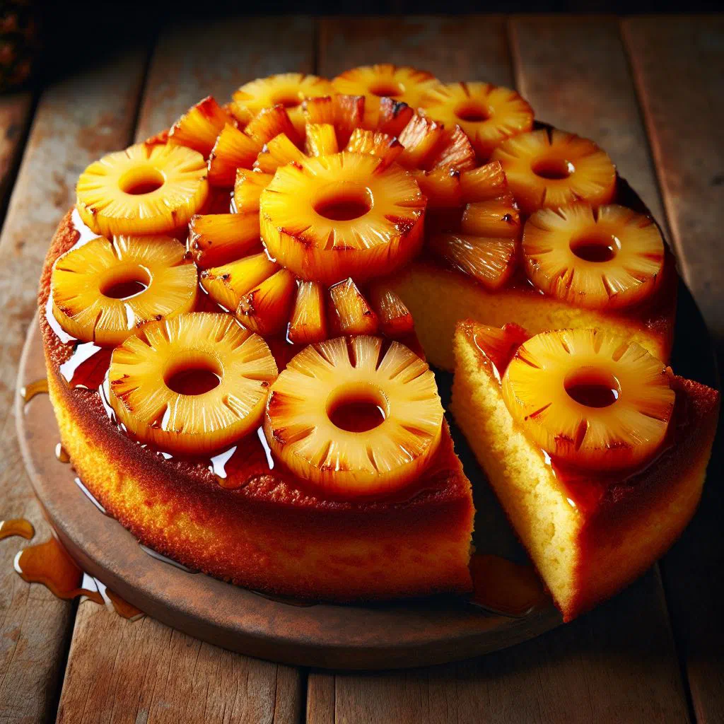 Golden caramelised pineapple upside-down cake turned out onto a plate