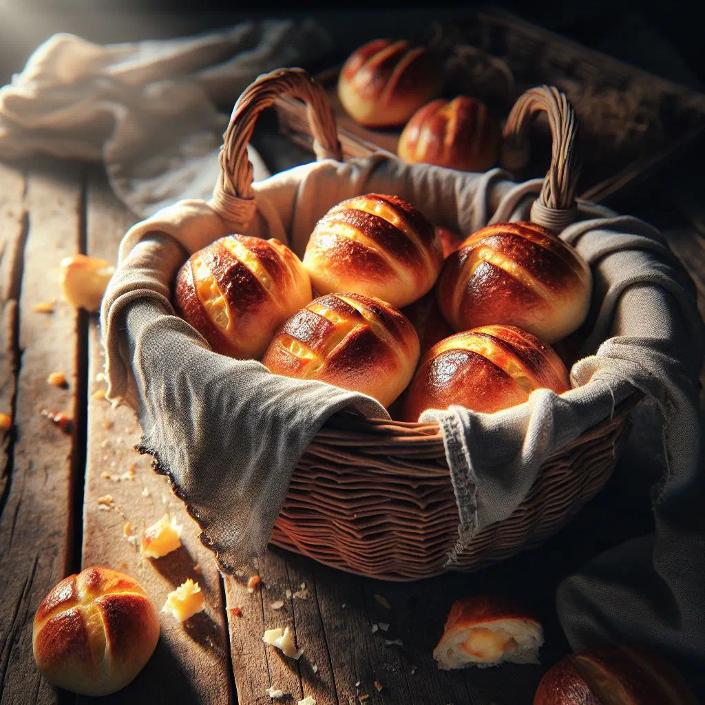 Golden baked cheese rolls on a wooden board with melted cheese filling