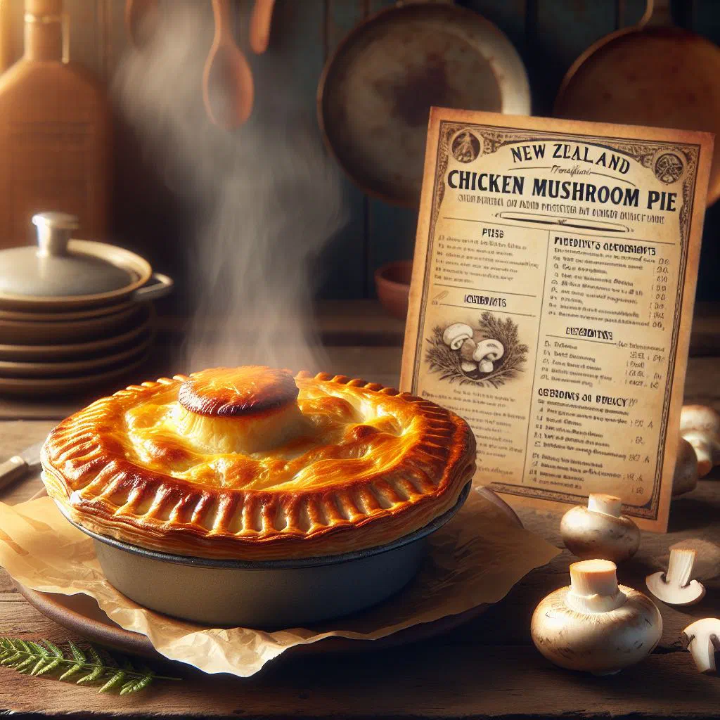 Golden chicken and mushroom pie with a flaky puff pastry lid