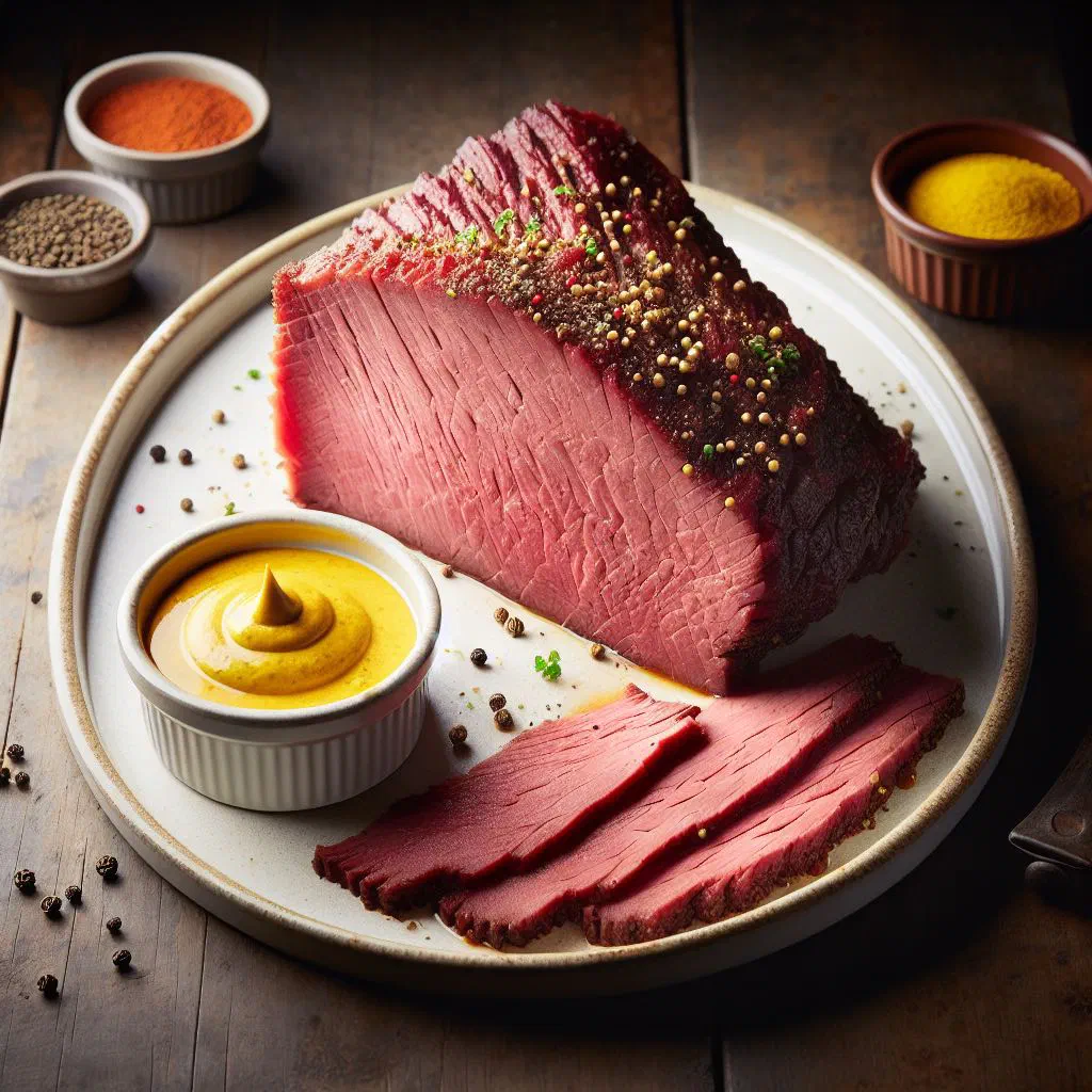 Sliced corned beef on a plate with creamy mustard sauce and chives