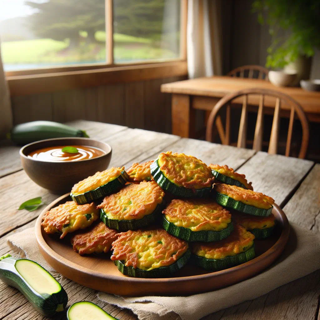 Golden courgette fritters stacked on a plate with fresh herbs