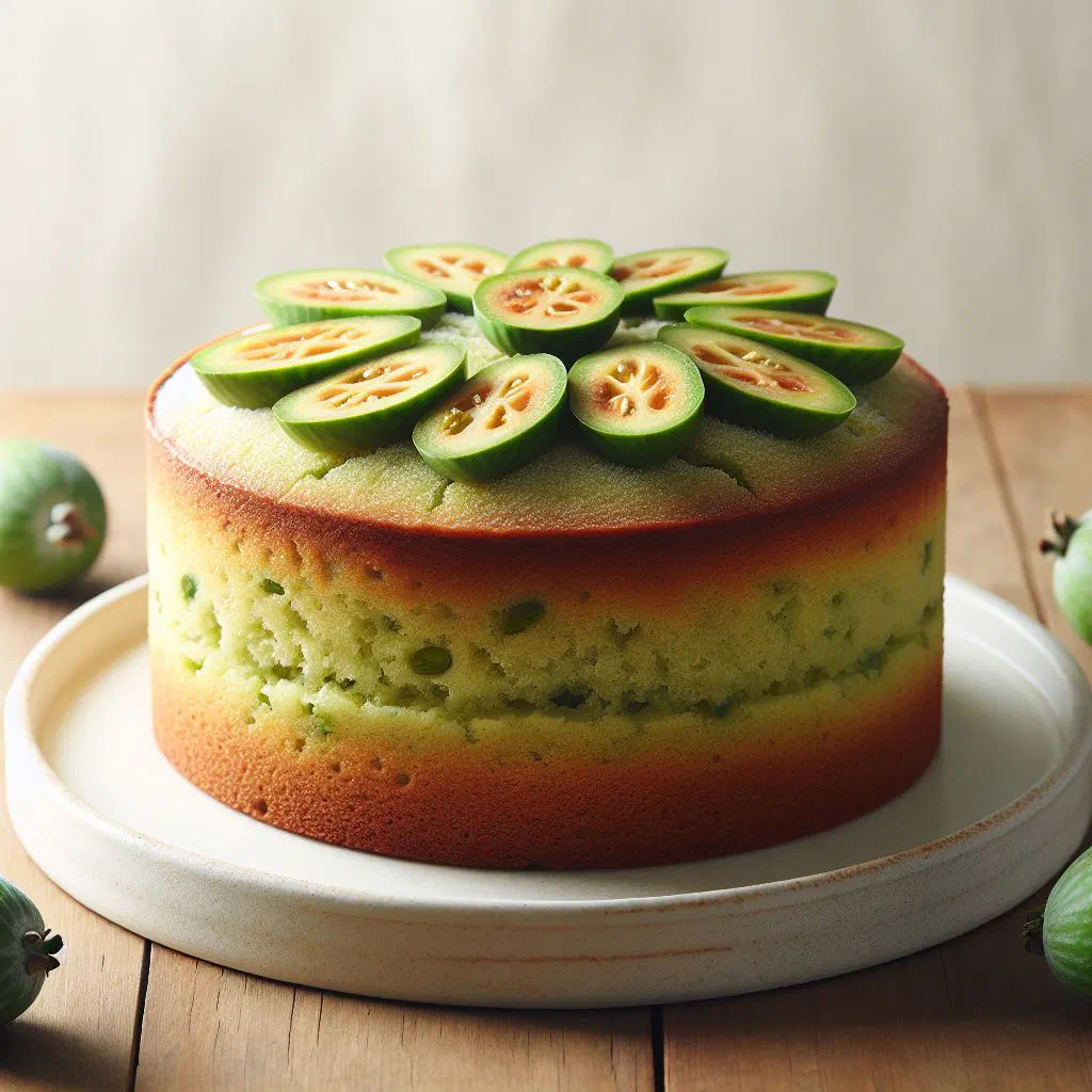 Golden feijoa cake dusted with icing sugar and sliced fresh feijoas