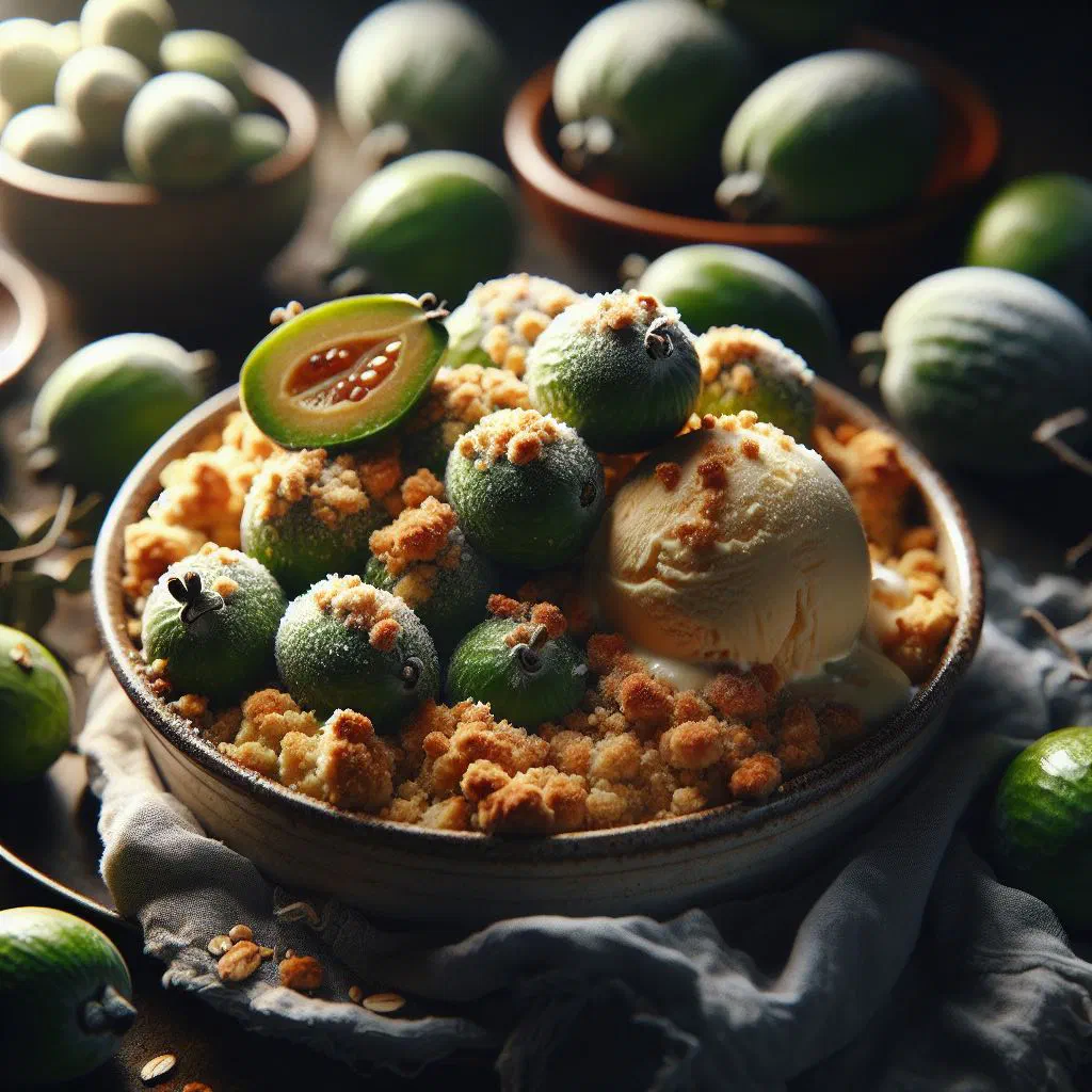 Golden baked feijoa crumble in a dish with a crisp oat topping