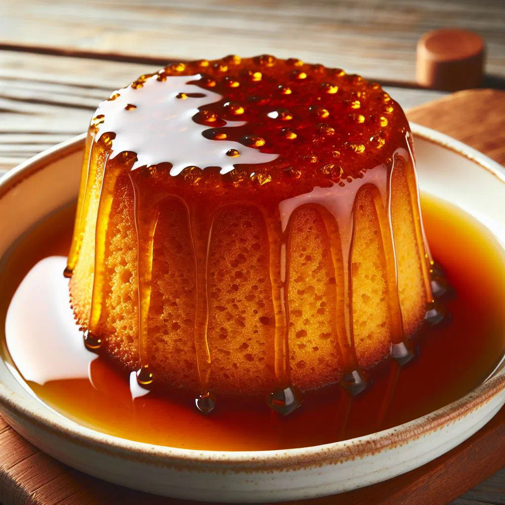 Warm golden syrup pudding with syrup running down the sides, served with cream