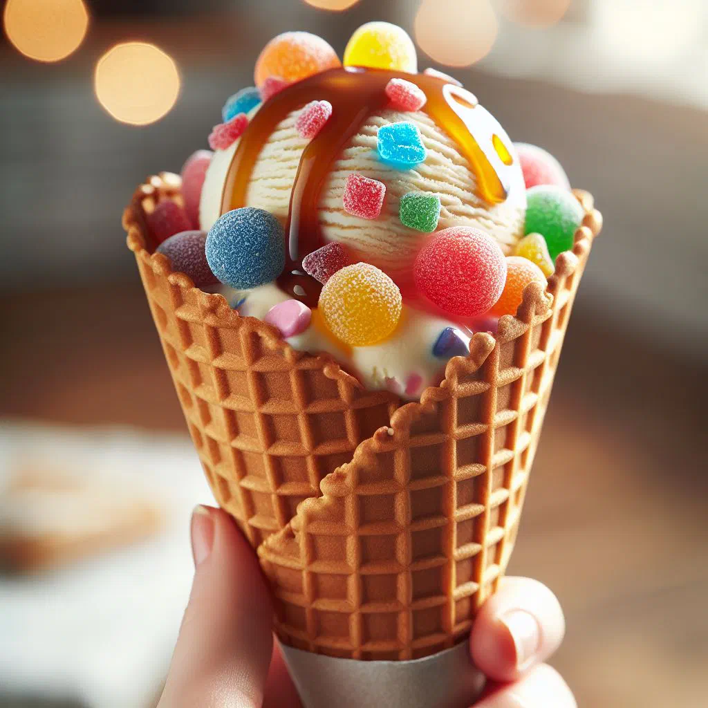 Scoops of pink vanilla ice cream studded with colourful gumdrops
