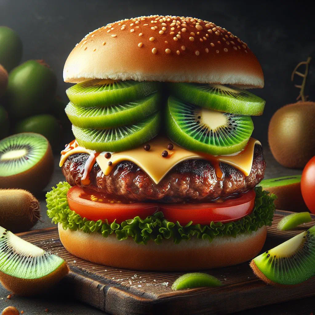 Kiwi burger with beef patty, pineapple ring, salad leaves and kiwi sauce