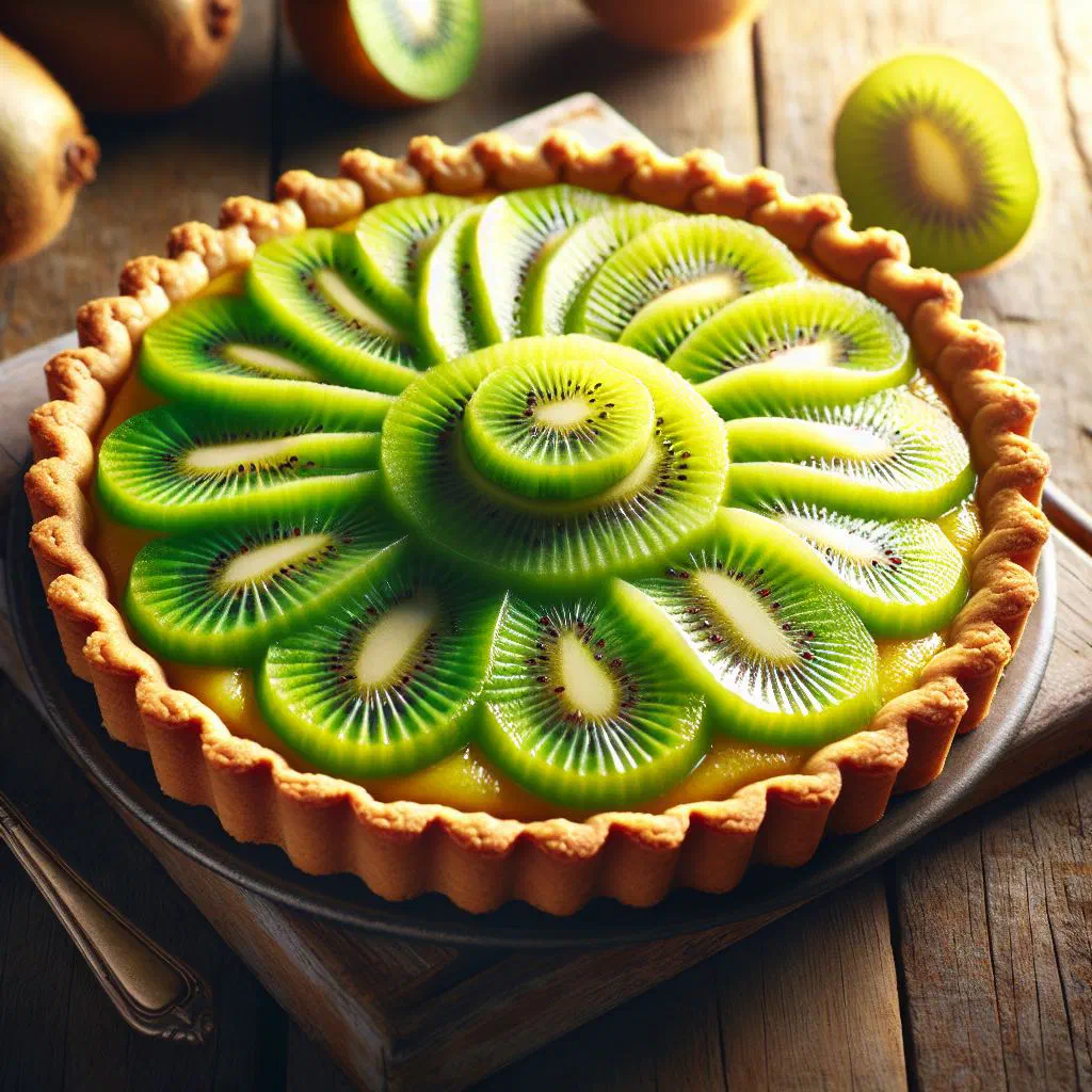 Kiwi fruit tart topped with bright green kiwi slices on a creamy filling