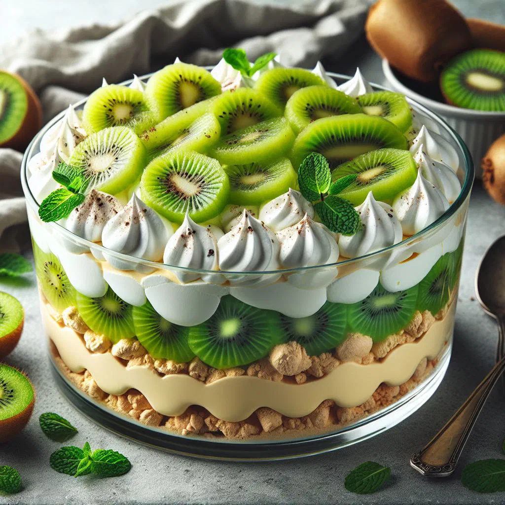 Layered kiwi pavlova trifle in a glass with cream and mint