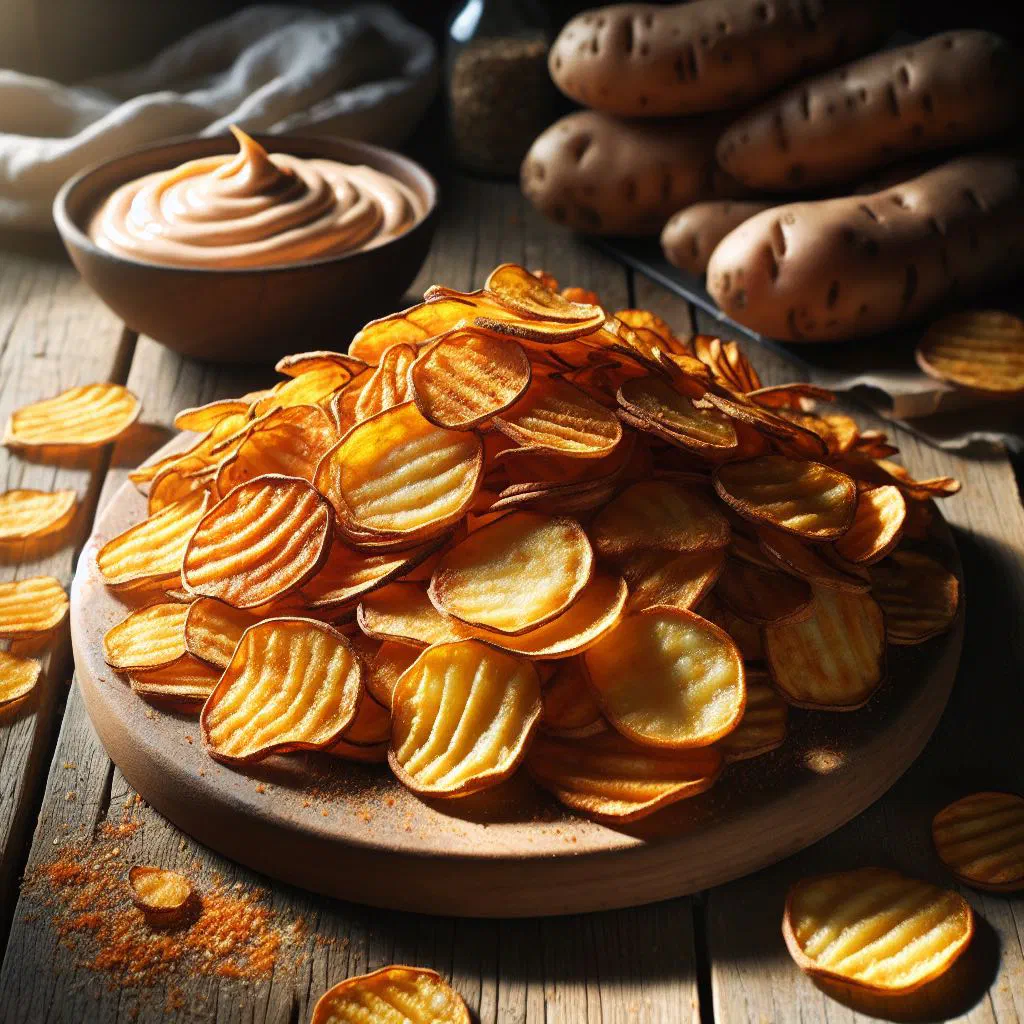 Crisp golden kumara chips piled in a bowl with a dip