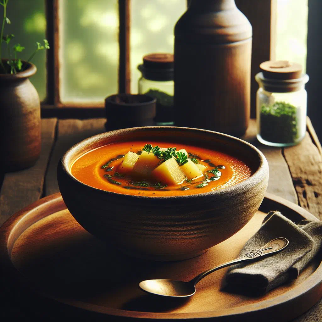Creamy orange kumara soup in a bowl garnished with fresh herbs