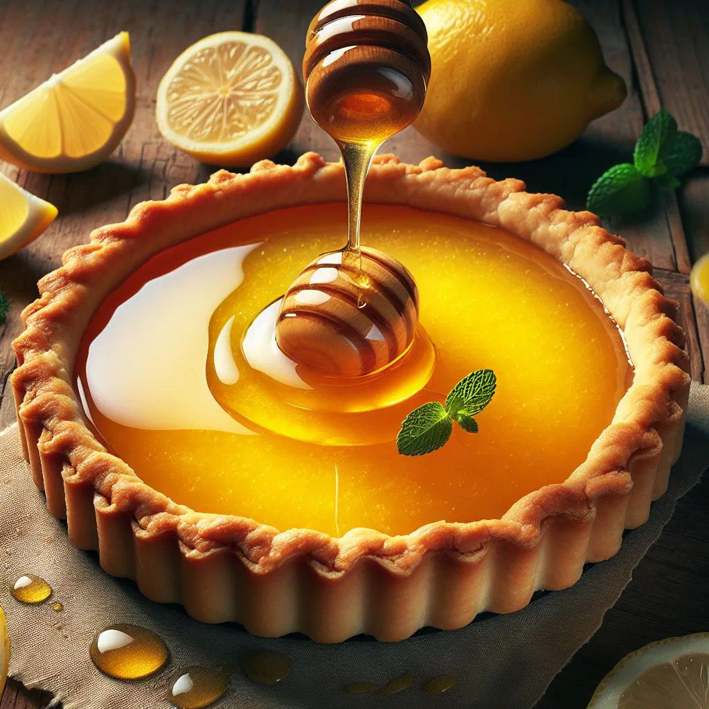 Golden lemon honey tart with a buttery crust, sliced on a plate