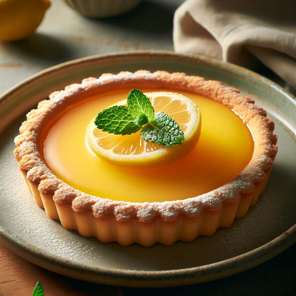 Slice of lemon tart with crisp pastry and glossy citrus filling