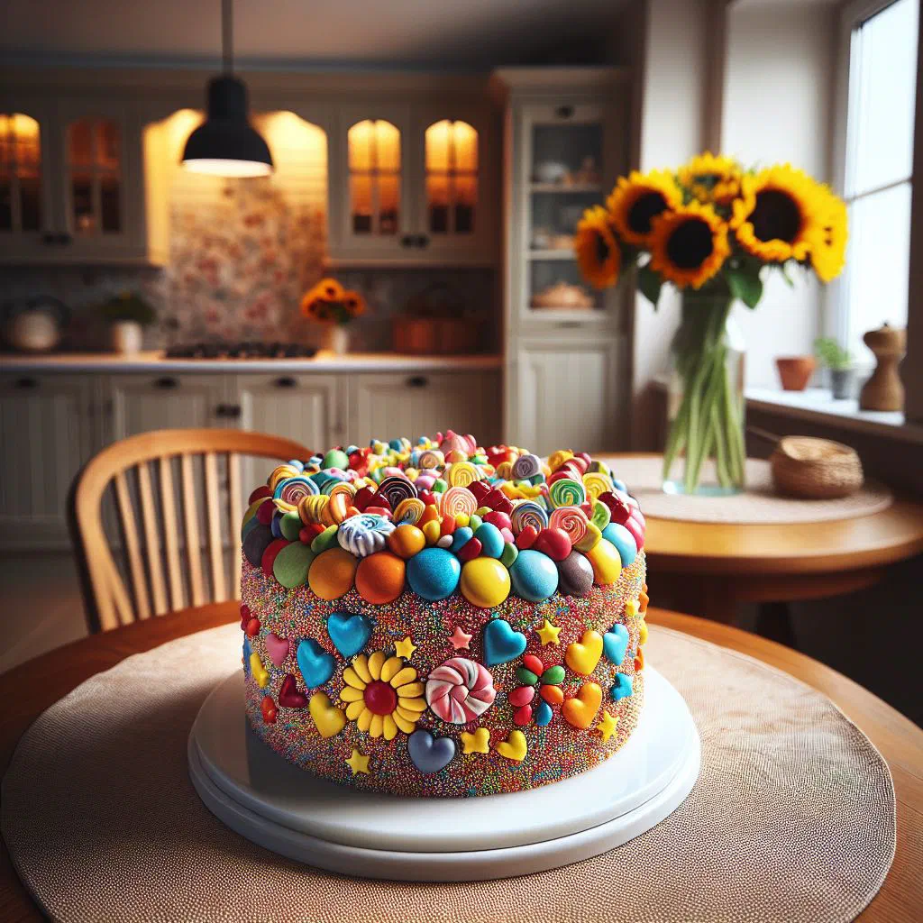 Sliced lolly cake log rolled in coconut with colourful sweets inside