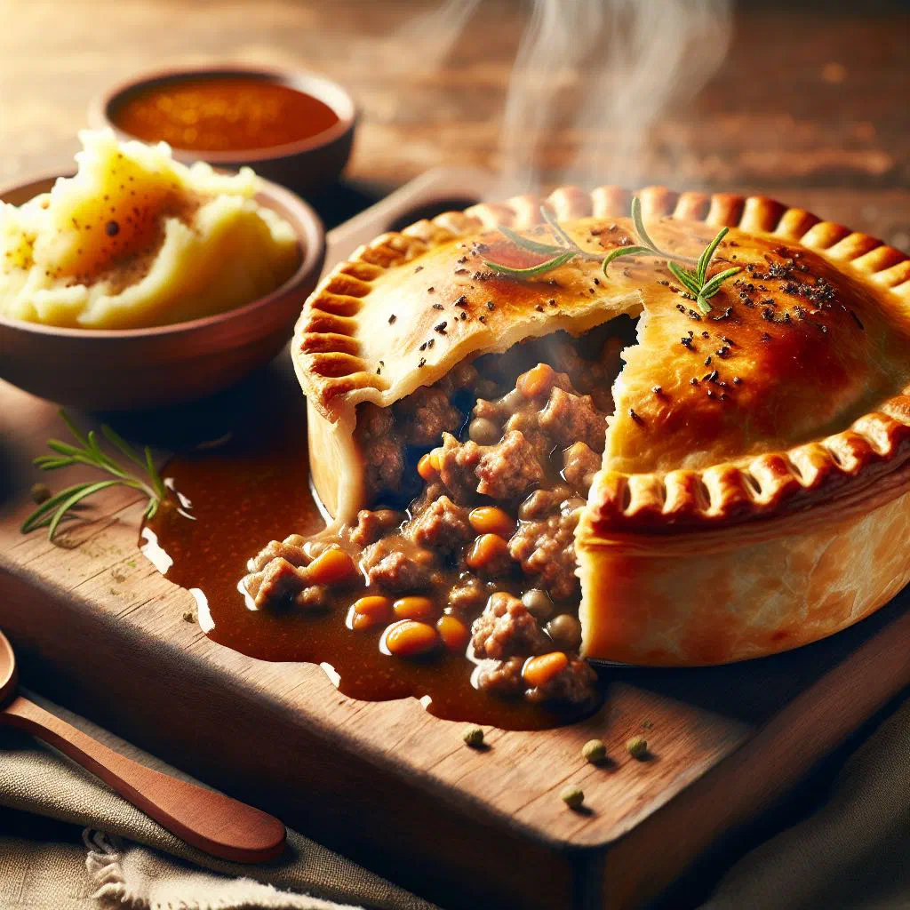 Golden-baked New Zealand meat pie with a savoury beef filling