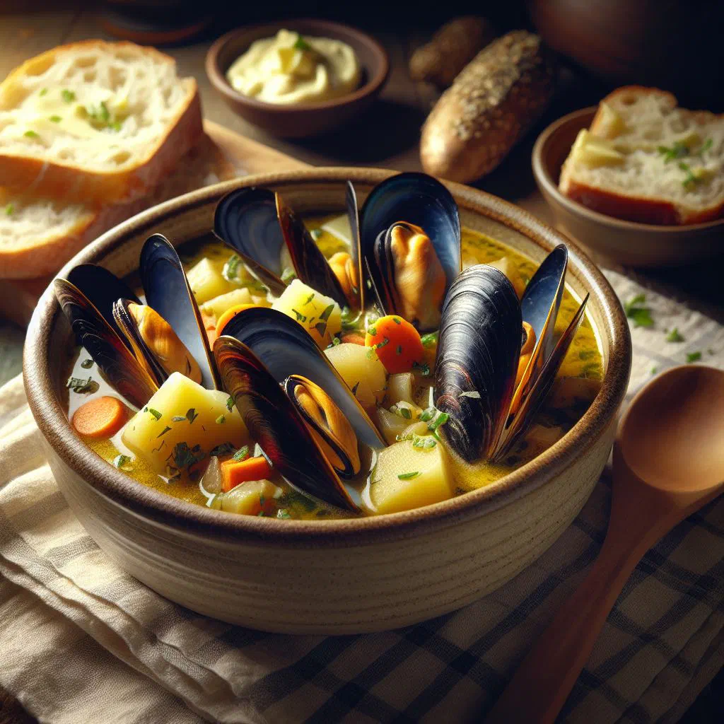 Creamy mussel chowder in a deep bowl with fresh herbs