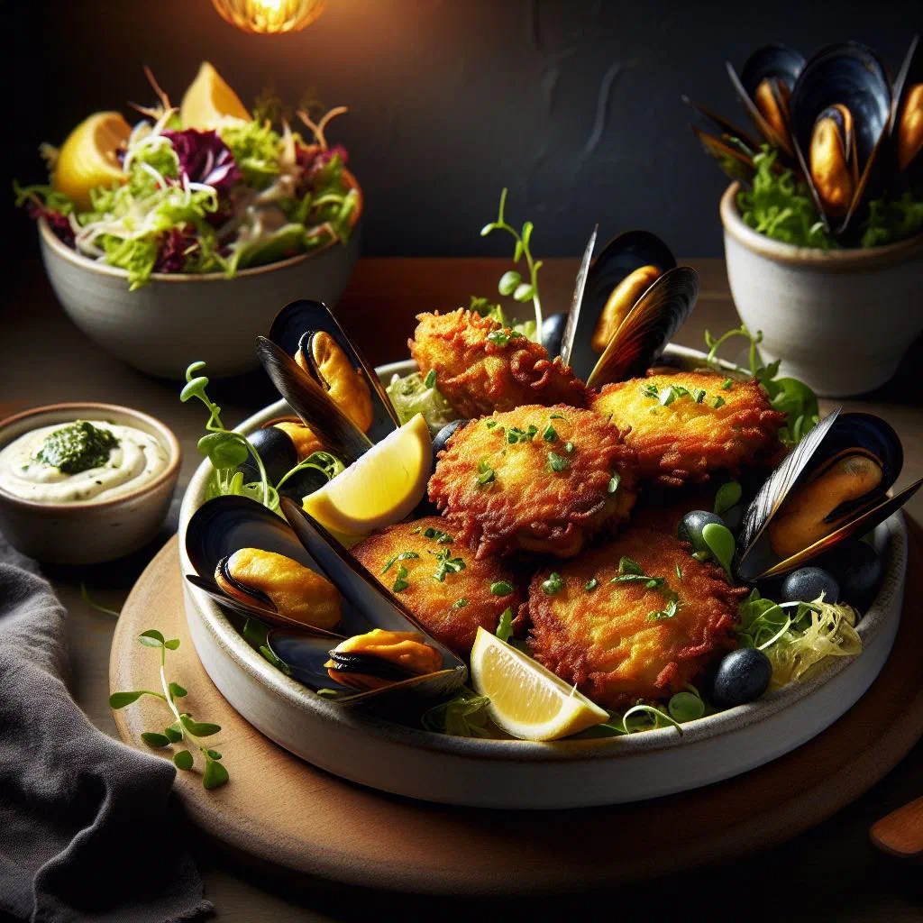 Golden mussel fritters stacked on a plate with lemon and fresh herbs