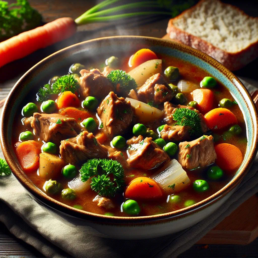 Rustic bowl of muttonbird stew with carrots, potatoes and fresh herbs