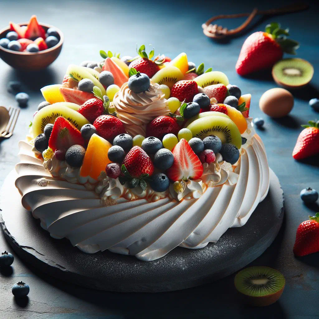 Pavlova topped with whipped cream, kiwi fruit and fresh berries