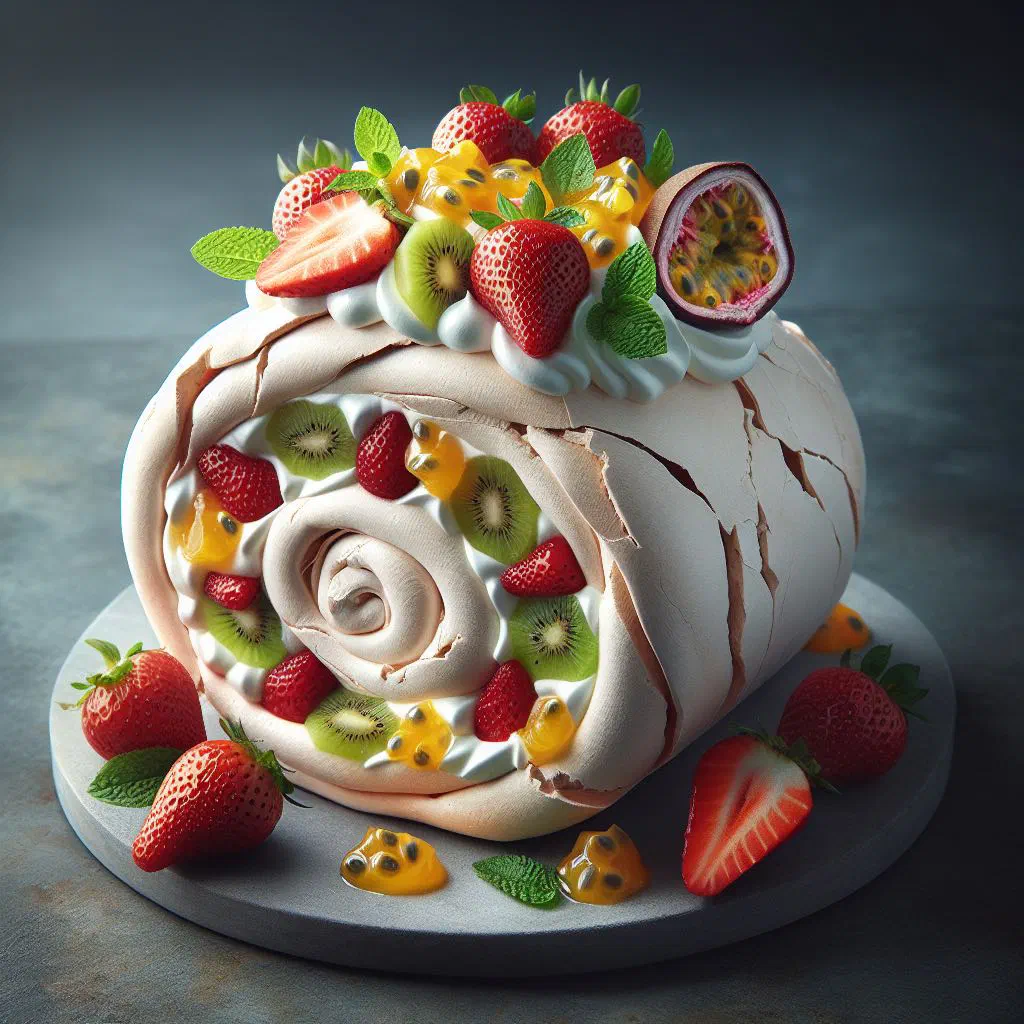 Sliced pavlova roll filled with whipped cream and fresh fruit