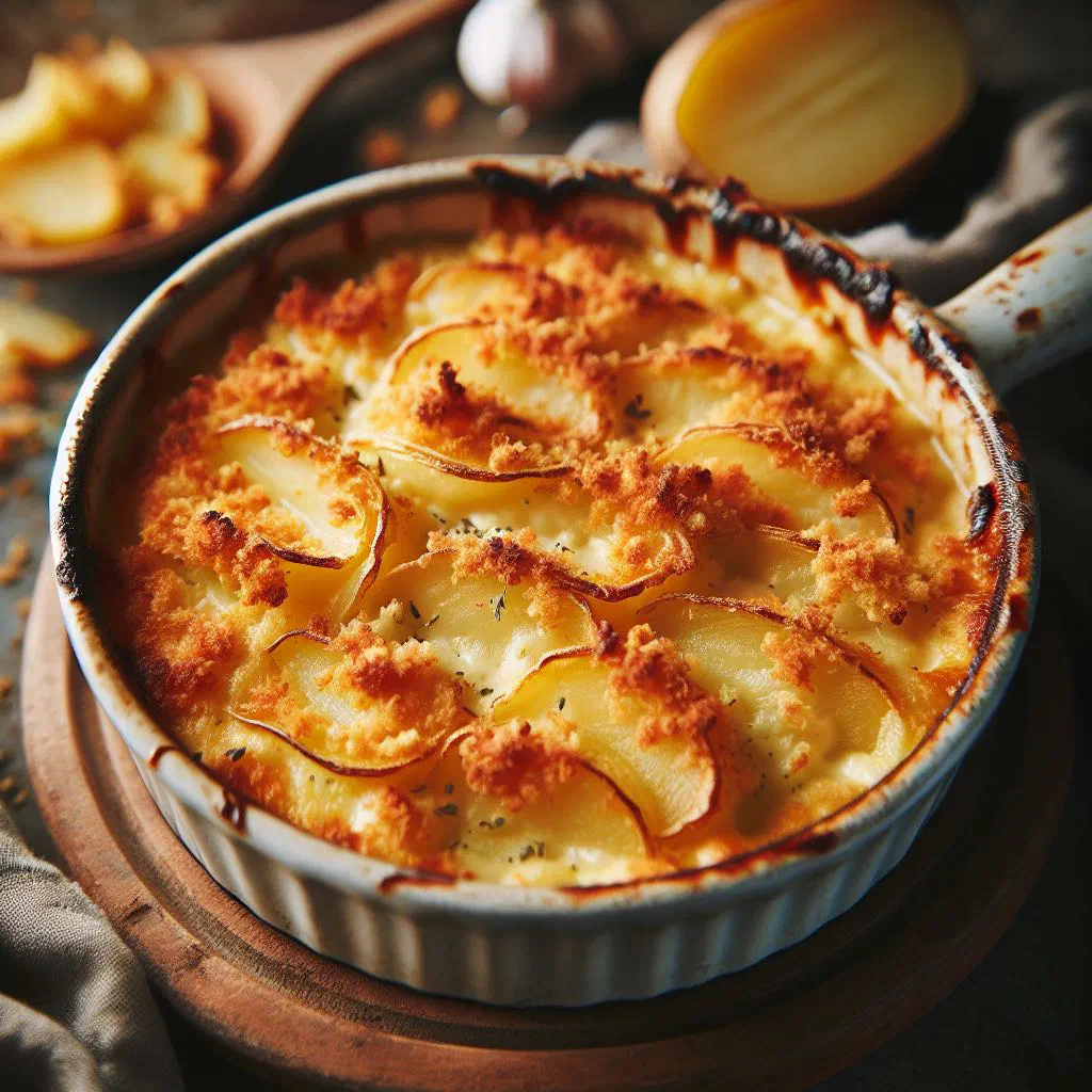 Golden baked potato gratin with a bubbling cheese crust in a dish
