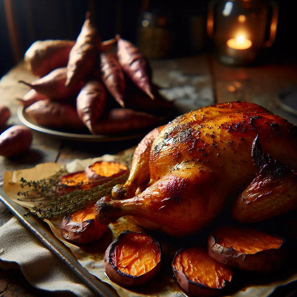 Golden roast chicken surrounded by roasted kumara wedges and thyme