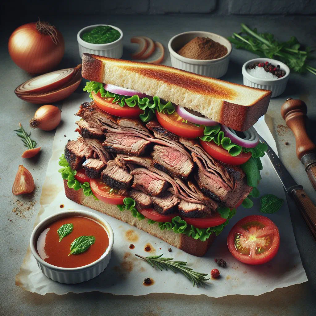 Roast lamb sandwich on sourdough with rocket and crumbled feta