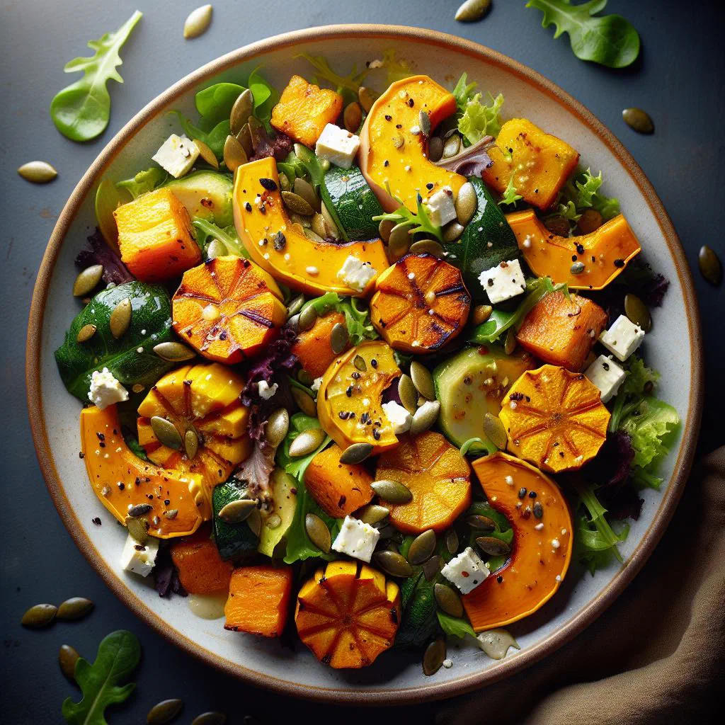 Roasted pumpkin and kumara salad with fresh herbs and crumbled feta